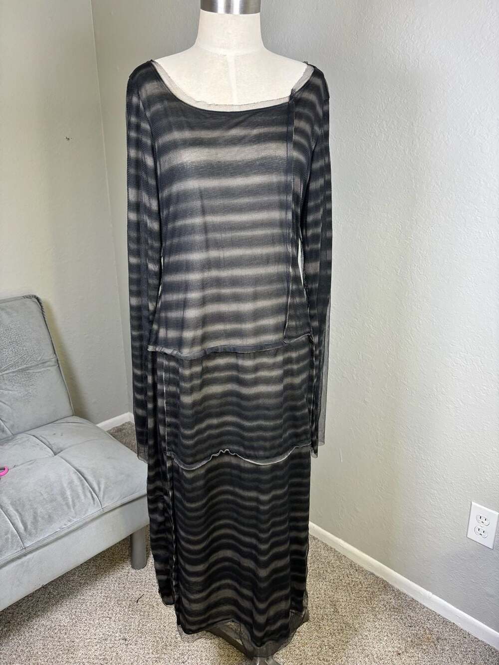 Rundholz Black Label Striped Mesh Layered Midi Dress